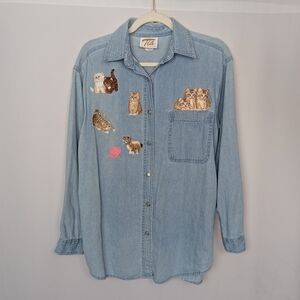 Vintage Tia S Designs Denim Shirt Top Embroidered Kittens Rhinestone Cat Mom USA